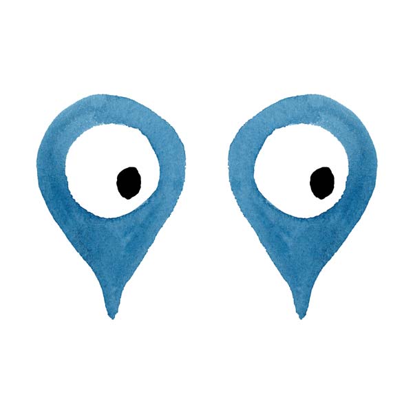 Two map markers side by side with eyes