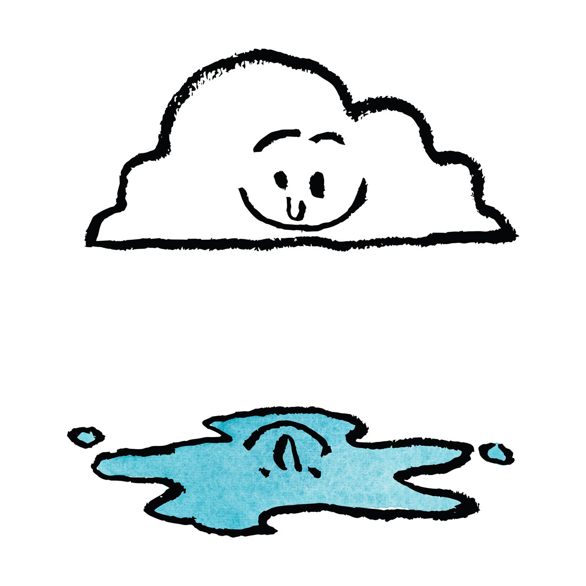 A cloud character smiling down at a puddle on the ground