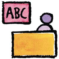 a person sitting at a desk with abc chalkboard