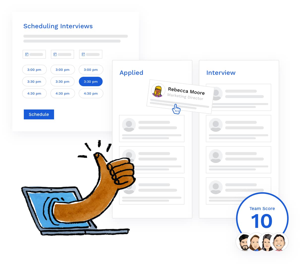 Collage of a thumbs up with Breezy ’s interview scheduling screen, pipeline stages screen, and team score