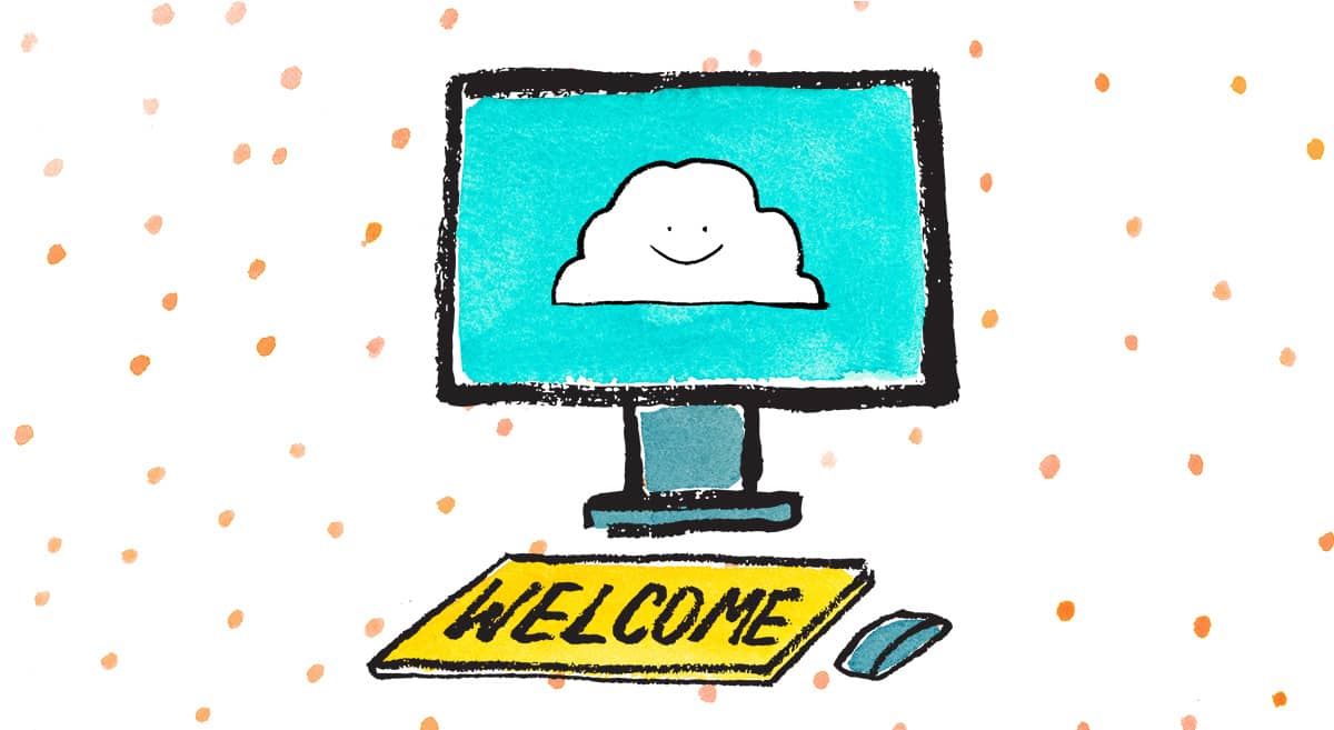 A computer with a welcome mat