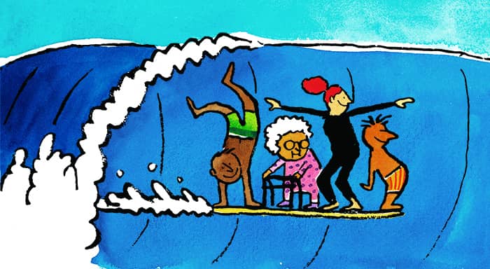 diverse people surfing on the same board