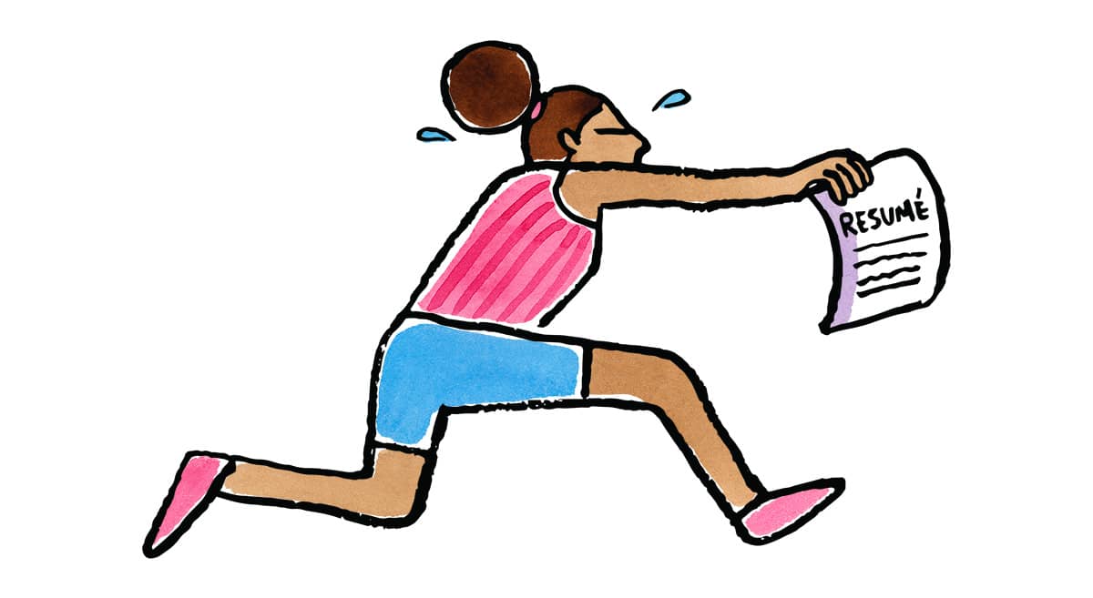 a person running and sweating holding up a resume
